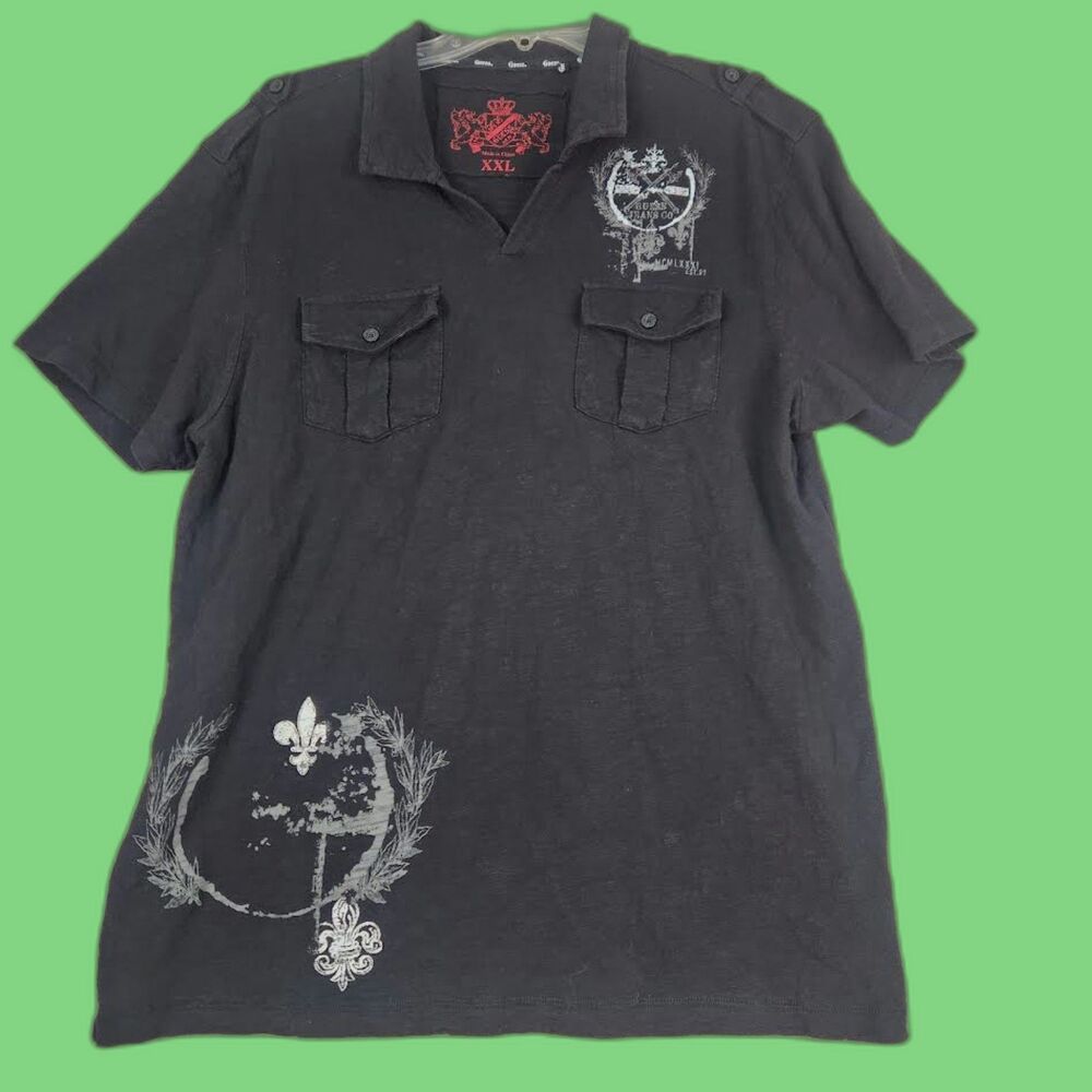 Guess Crest Vintage Black Graphic Goth Men's Polo Size 2XL Grunge Y2K